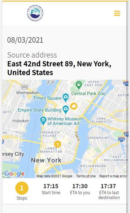Real-time ride status and ETAs in the airline's branded crew app, powered by Mycelium. Crew members see pickup time, driver position on the map, and ETA to each stop. Screenshot from actual deployment.